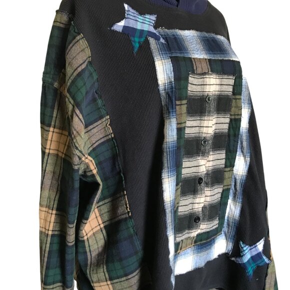 Upcycled Waffle Knit Hoodie: Plus Size XL-2X, Plaid Patches & Appliquéd Stars - Picture 9 of 13